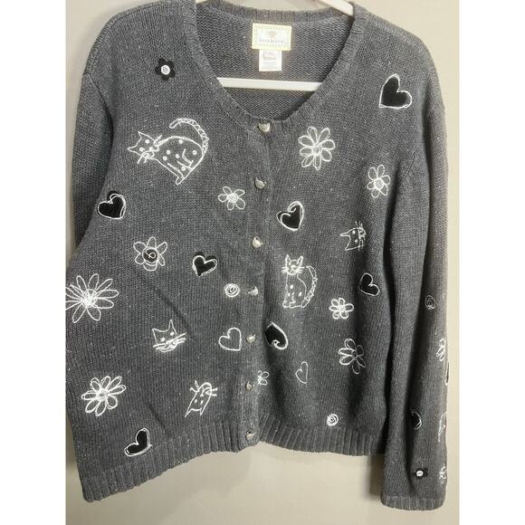 Susan Bristol VTG Embroidered Knit Cat Cardigan Button Up Sweater XL Coquette - Picture 11 of 16